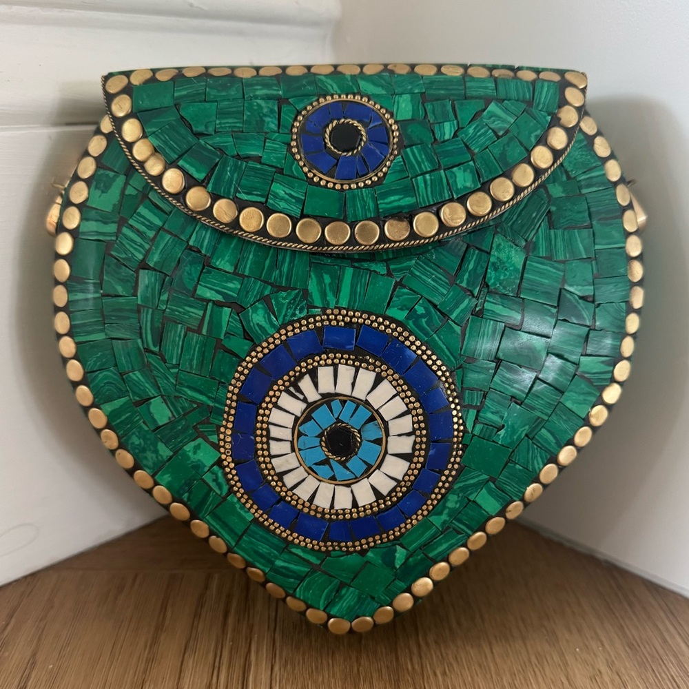 RAMLA Green Mosaic Evil Eye Heart Shaped Clutch Bag Handmade in Morocco NWOT
